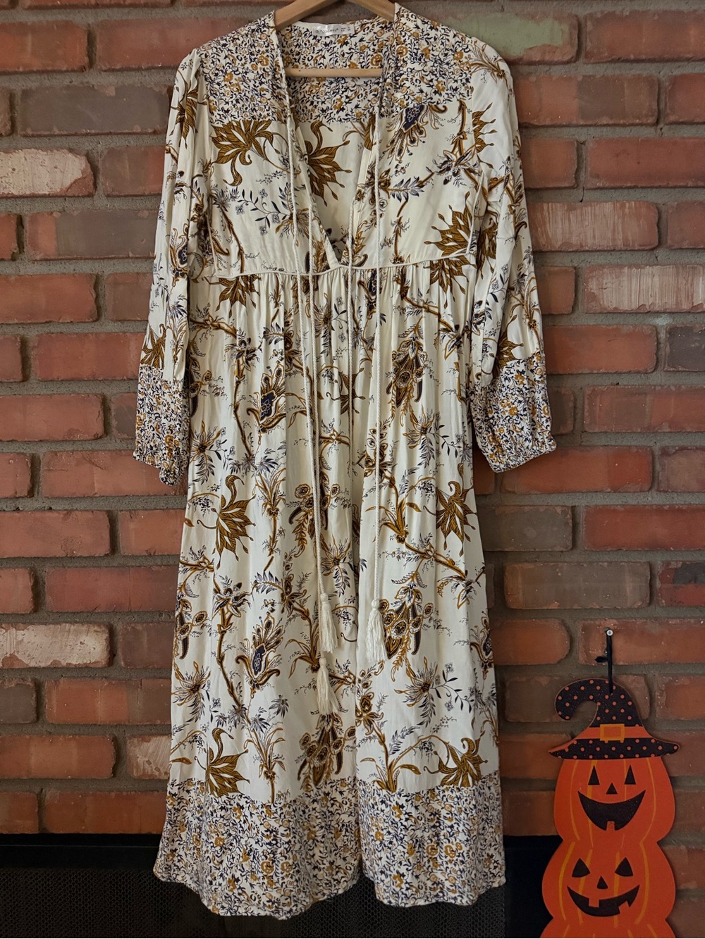 Boho Floral Cream Midi Dress with Mustard Accents